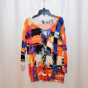 Colorful, abstract woman’s light weight cardigan size large